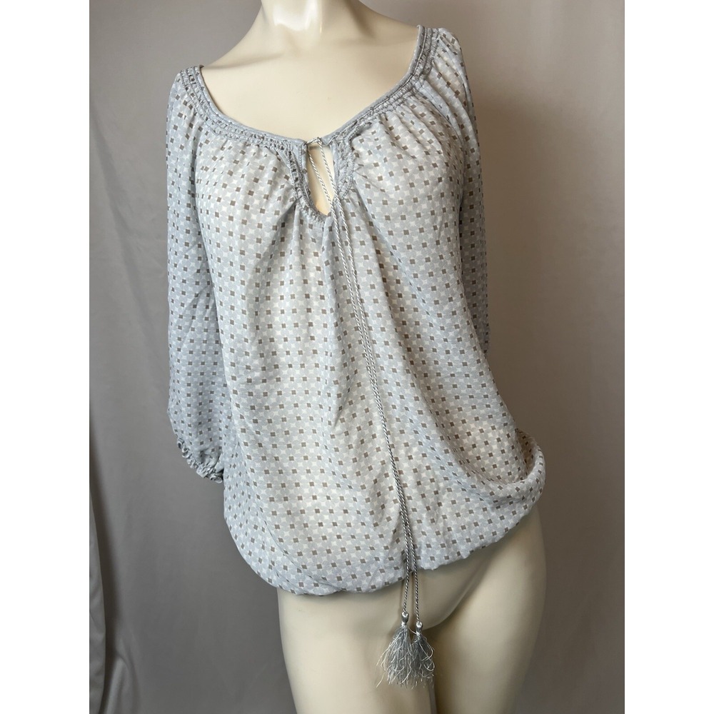 Max Studio Semi-Sheer Blouson Top Blue Gray Scoop Neck Tassel Tie Elastic Hem XS
